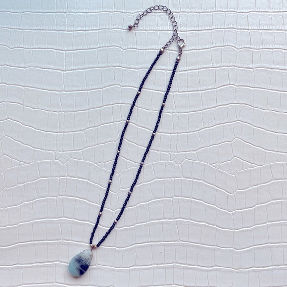 Black Beaded Necklace with Light Blue Stone Pendant - Picture 3 of 4